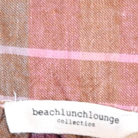 BeachLunchLounge Pink Brown Linen Blouse Square Neck Ruffle Sleeve Cottagecore - Picture 6 of 7